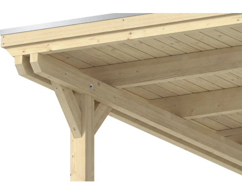 Detailansicht einer Dachkonstruktion aus Holz mit Pfosten, Balken und Dachschalung für eine Überdachung.