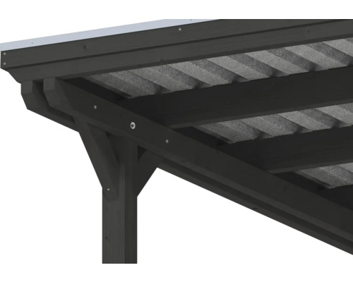 Detailansicht einer Eckverbindung eines Carports aus dunklem Holz mit Trapezblechdach.