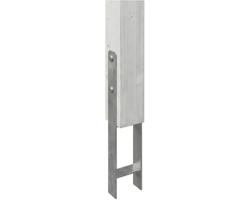 Support de poteau en U en acier galvanisé fixé à un poteau en bois par des boulons.