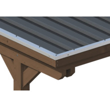 Toiture en tôle trapézoïdale avec profilé de rive métallique sur une structure en bois brun.