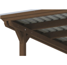 Vue détaillée d une construction de carport en bois avec poteau de soutien, poutres transversales et toit en plaques ondulées.