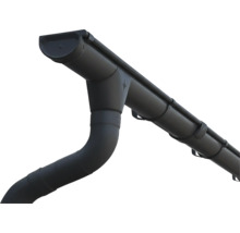 Gouttière anthracite en plastique avec embout, naissance et raccordement au tuyau de descente par des coudes.
