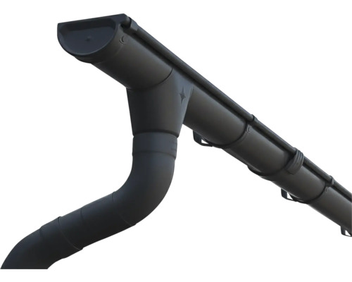 Gouttière anthracite en plastique avec embout, naissance et raccordement au tuyau de descente par des coudes.