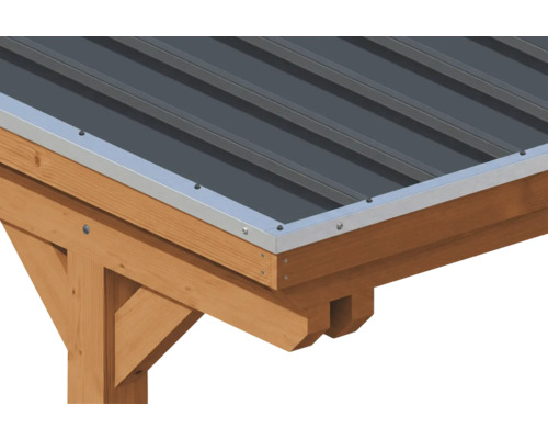 Vue détaillée d'une structure de toit en bois avec des tôles trapézoïdales et un profilé de rive en aluminium.