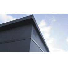 Vue détaillée d'un abri de jardin avec revêtement de façade et ventilation