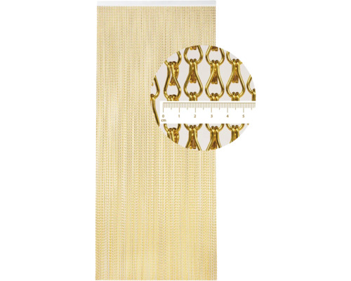 Goldfarbener Kettenvorhang mit Detailaufnahme der Kettenglieder und Zentimeterangabe