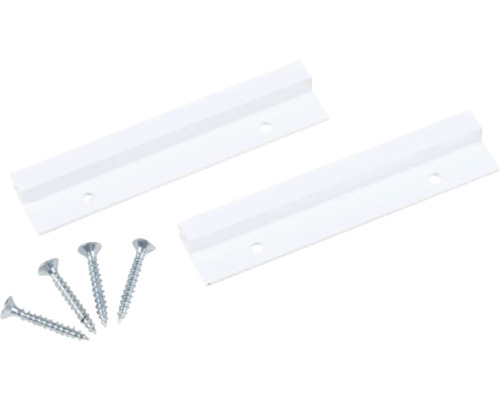 Zwei weiße Führungsschienen mit vier Schrauben