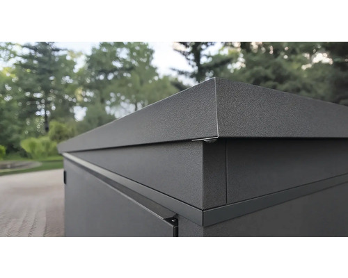 Vue détaillée d'un coffre de rangement extérieur en métal