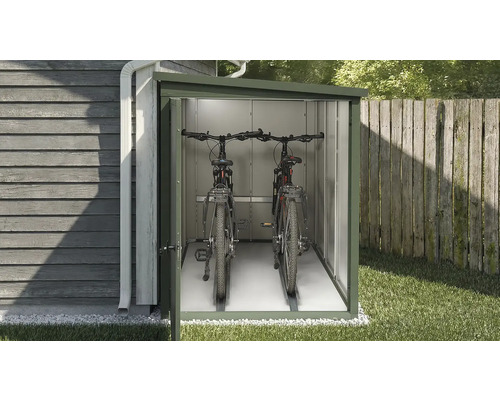 Fahrradbox aus Metall mit zwei Fahrrädern