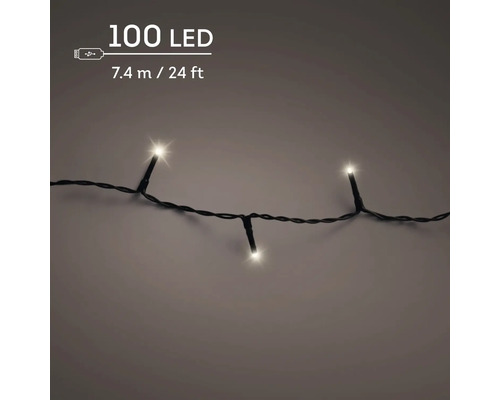 LED-Lichterkette mit 100 LEDs, 7,4 Meter Länge und USB-Anschluss.