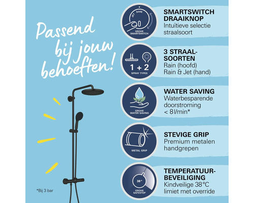Grohe Duschsystem mit SmartSwitch Drehknopf, drei Strahlarten, Wassersparfunktion, Metallgriffen und Temperaturbegrenzung