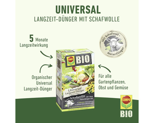 Compo Bio Engrais longue durée universel avec laine de mouton pour plantes de jardin, fruits et légumes