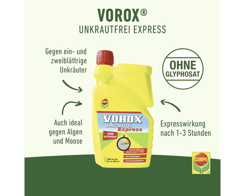 Vorox Unkrautfrei Express désherbant dans une bouteille jaune avec un bouchon rouge