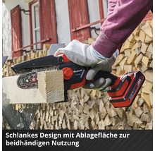 Une personne coupe du bois avec une tronçonneuse à batterie Einhell.