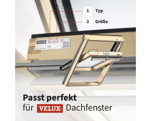 Velux Dachfenster Detailansicht mit Typ und Größe Information