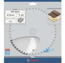 Bosch Kreissägeblatt PRO Wood für Holz, Durchmesser 216 Millimeter, 54 Zähne, Bohrung 30 Millimeter, hohe Lebensdauer, universell passend, Bosch Logo.