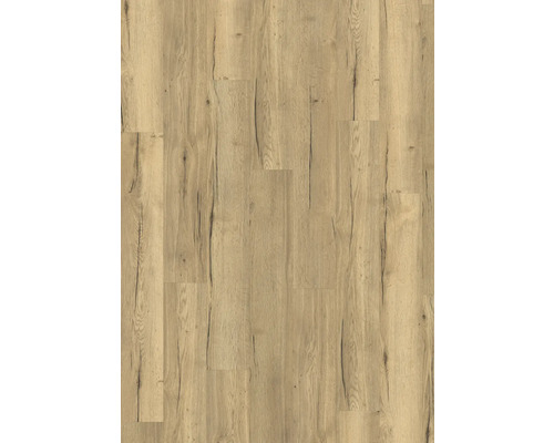 Sol stratifié aspect chêne rustique avec veinage prononcé et fissures apparentes.