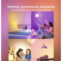 Smarte LED-Leuchtmittel mit vier Lichtszenarien: sanftes Licht zum Schlafen, buntes Licht, helles Licht zum Lesen und warmes Licht zum Essen.