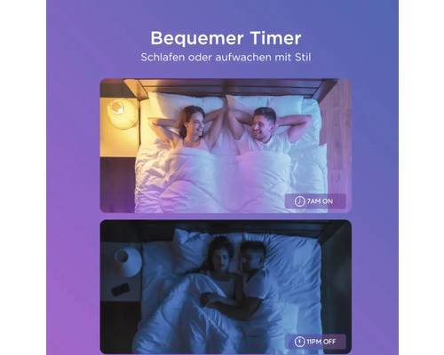 Bequeme Timer-Funktion für die Schlafzimmerbeleuchtung mit automatischem Einschalten um 7 Uhr morgens und Ausschalten um 23 Uhr abends.