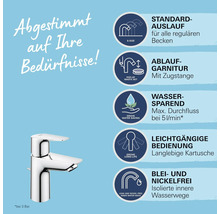 Grohe Waschtischarmatur Größe S mit Ablaufgarnitur, Wassersparfunktion 5 Liter pro Minute, langlebiger Kartusche und bleifreien Wasserwegen.