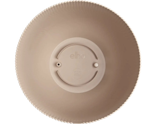 Vue de dessus d'une coupe à plantes ronde avec bord cannelé, logo elho et ouverture de drainage au fond.