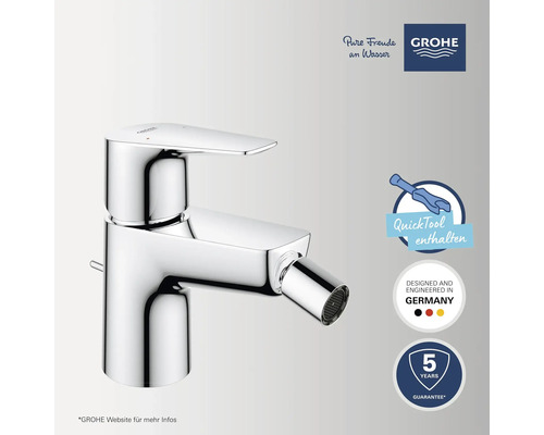 Grohe Bidetarmatur Chrom, Einhebelmischer, verstellbare Düse. Inklusive QuickTool, entwickelt in Deutschland, fünf Jahre Garantie. Grohe Logo.