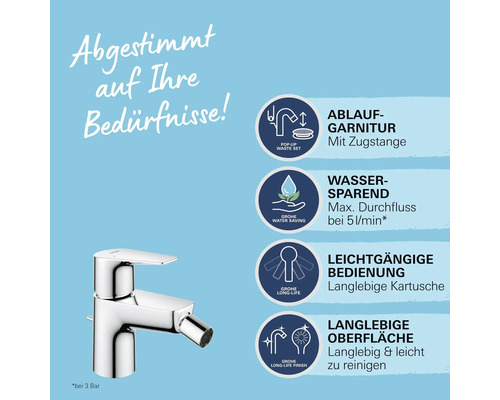 Grohe Bidetarmatur mit Ablaufgarnitur, Wassersparfunktion, langlebiger Kartusche und pflegeleichter Oberfläche.