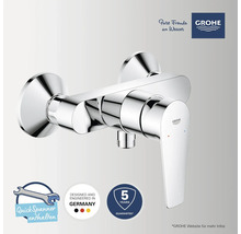 Grohe Einhand-Brausebatterie aus Chrom für die Wandmontage inklusive Schnellspanner, entwickelt in Deutschland, fünf Jahre Garantie, Grohe Logo.