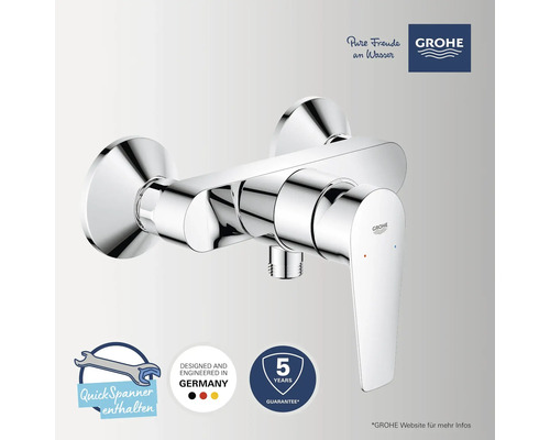 Grohe Einhand-Brausebatterie aus Chrom für die Wandmontage inklusive Schnellspanner, entwickelt in Deutschland, fünf Jahre Garantie, Grohe Logo.