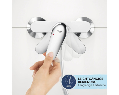 Grohe Einhand-Armatur für die Wandmontage mit Grohe Logo, leichtgängigem Hebel und Grohe Long-Life Technologie für langlebige Kartuschen.