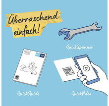 Installationshilfen: QuickSpanner Werkzeug, Grohe QuickGuide mit Grohe Logo und QR-Code-Scan für QuickVideo. Überraschend einfach.