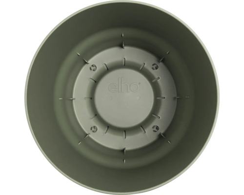 Vue intérieure d'un pot de fleurs rond Elho en plastique avec fentes de drainage et Elho Logo.