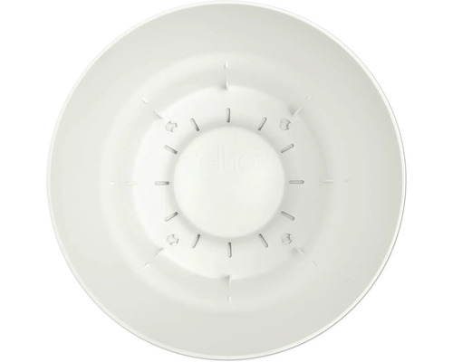 Vue intérieure d'un pot de fleurs rond et blanc Elho en plastique avec fentes de drainage.