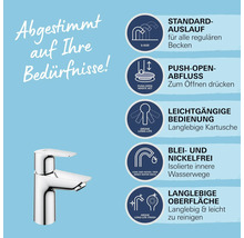 Waschtischarmatur mit Standardauslauf Größe S, Push-Open-Ablauf, leichtgängiger Bedienung, bleifreien Wasserwegen und langlebiger Oberfläche.