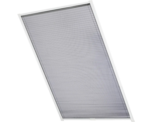 Moustiquaire plissée pour fenêtre avec cadre blanc et maille fine.