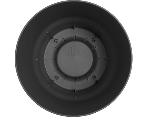 Vue intérieure d'un pot de fleurs rond en plastique noir avec elho Logo et structure de fond.