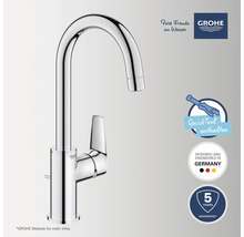 Grohe Küchenarmatur mit C-Auslauf in Chrom, inklusive Montagewerkzeug, entworfen in Deutschland, 5 Jahre Garantie, Grohe Logo.