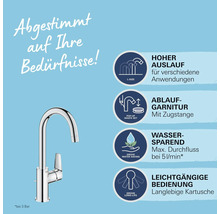 Grohe Waschtischarmatur mit hohem Auslauf, Ablaufgarnitur mit Zugstange, wassersparend bis 5 Liter pro Minute und langlebiger Kartusche.