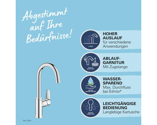 Grohe Waschtischarmatur mit hohem Auslauf, Ablaufgarnitur mit Zugstange, wassersparend bis 5 Liter pro Minute und langlebiger Kartusche.