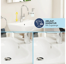 Waschbecken mat Chrom-Armatur an Oflafgarnitur mat Zuchstang, déi d'Opmaachen an Zoumaache vum Oflafstopp weist.