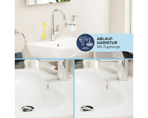 Waschbecken mat Chrom-Armatur an Oflafgarnitur mat Zuchstang, déi d'Opmaachen an Zoumaache vum Oflafstopp weist.