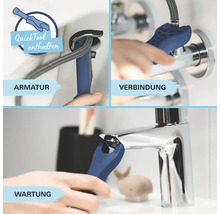 Collage zeigt Anwendung eines Montagewerkzeugs für die Armatur, die Verbindung und die Wartung eines Wasserhahns.