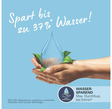 Wassersparend bis zu 37 Prozent, maximaler Durchfluss 5 Liter pro Minute, Grohe Water Saving Logo.
