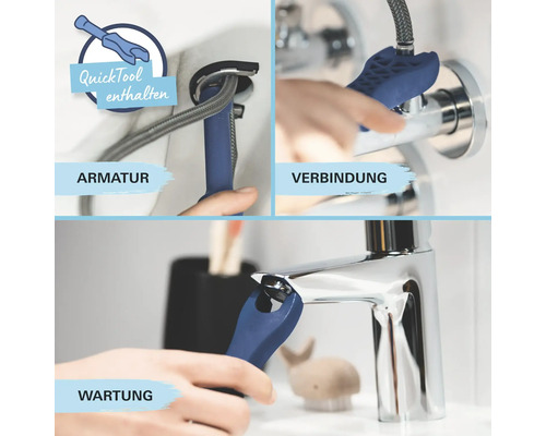 Collage zeigt Anwendung eines Montagewerkzeugs für die Armatur, die Verbindung und die Wartung eines Wasserhahns.