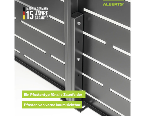 Alberts Logo, Alberts Metallzaun mit unauffälligem Pfosten für Sichtschutzfelder, Hergestellt in Deutschland, 15 Jahre Garantie.