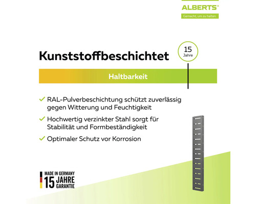 Alberts Logo. Kunststoffbeschichtetes Stahlbauteil mit 15 Jahren Garantie. RAL-Pulverbeschichtung, verzinkter Stahl und Korrosionsschutz.