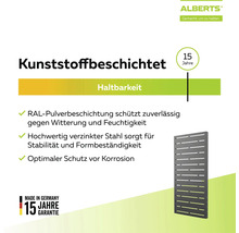 Alberts Logo. Kunststoffbeschichtetes Zaunelement aus verzinktem Stahl mit RAL-Pulverbeschichtung. 15 Jahre Garantie. Hergestellt in Deutschland.