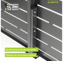 Alberts Zaunpfosten und Sichtschutzzaun mit 15 Jahren Garantie, hergestellt in Deutschland. Pfosten von vorne kaum sichtbar. Alberts Logo.