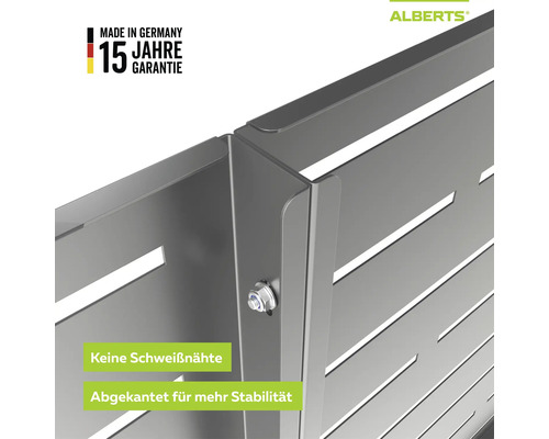 Eckverbindung eines Alberts Metallzauns ohne Schweißnähte, abgekantet für Stabilität, Alberts Logo, Made in Germany, 15 Jahre Garantie.