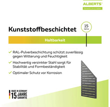 Alberts Logo, kunststoffbeschichtetes Zaunelement aus verzinktem Stahl mit RAL-Pulverbeschichtung, 15 Jahre Garantie, Herkunftssiegel Deutschland.